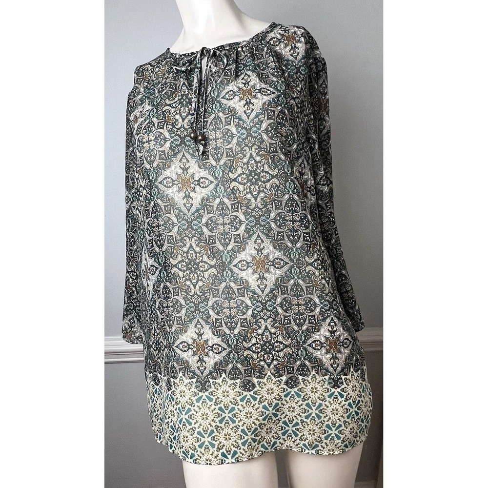 Chico's -Sz 2 Large Boho 70s  Floral Paisley Tunic Sheer Shirt Green